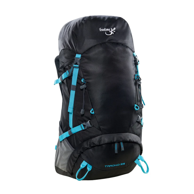 Vue du sac à dos Taroko 55 litres Freetime, noir avec lanières bleues.