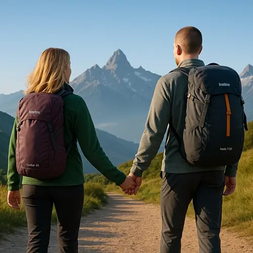 Couple avec sac à dos d'évacuation sur un chemin de montagne.
