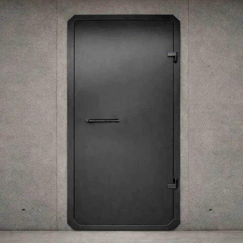 Porte de bunker NRBC-E avec protection balistique, de couleur noire.