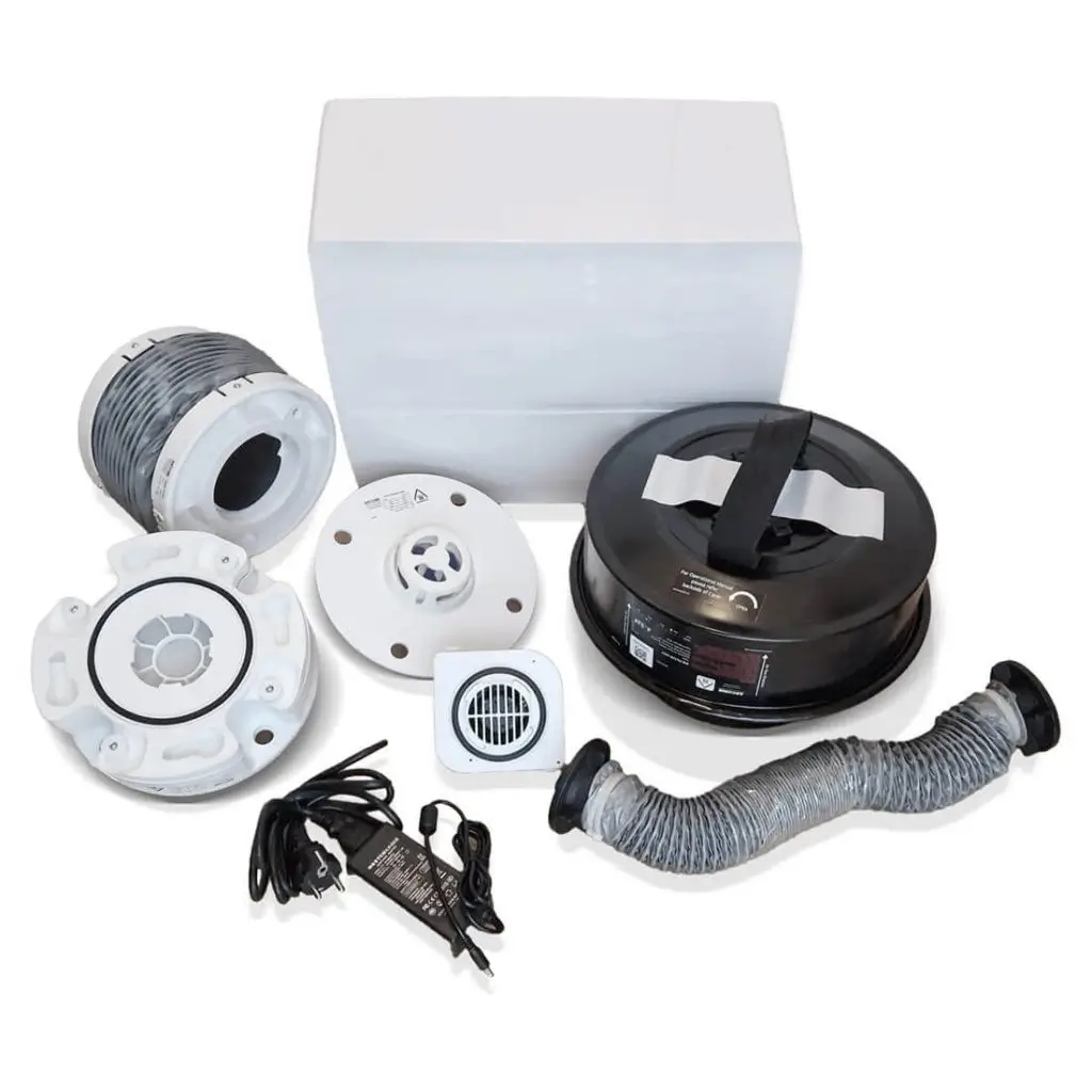 Vue des différents éléments composant le kit de ventilation / filtration NRBC 36m3.
