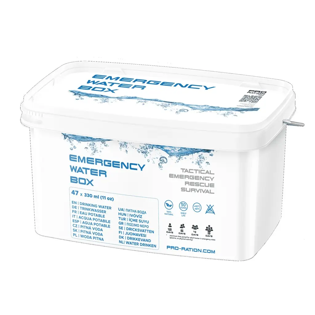 Box de 47 rations de 33 cl d'eau longue conservation 50 ans PRO-RATION.