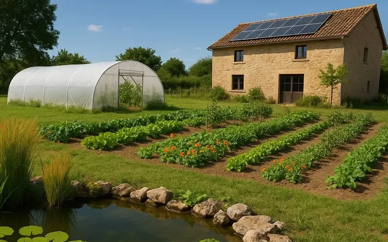 Vue globale d'une Base Autonome Durable avec panneaux solaires, serre, potager et mare.
