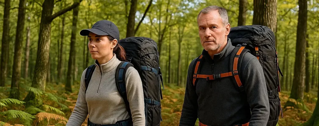 Couple en cours d'évacuation dans une forêt, portant des sacs à dos de survie.