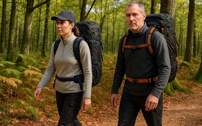Couple en cours d'évacuation dans une forêt, portant des sacs à dos de survie.