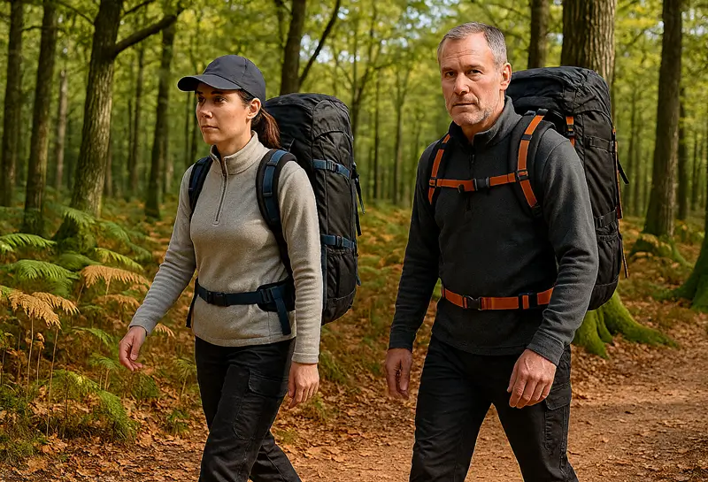 Couple en cours d'évacuation dans une forêt, portant des sacs à dos de survie.