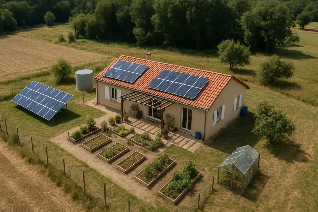 Vue aérienne d’une Base Autonome Durable avec panneaux solaires, potager, serre et réserve d'eau.