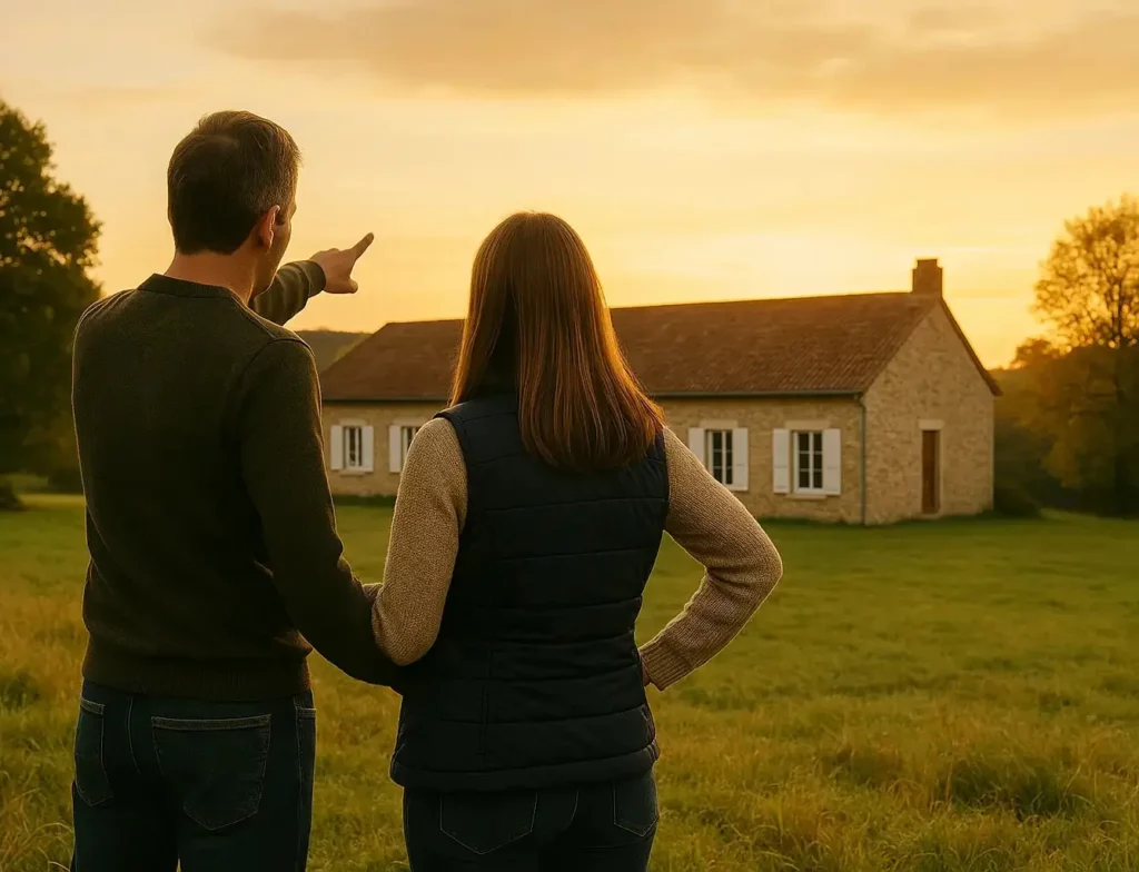 Couple de dos devant leur maison à la campagne, réfléchissant à la protection de leur foyer.