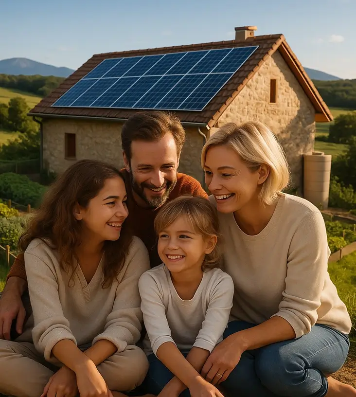 Famille heureuse devant sa maison autonome et résiliente.
