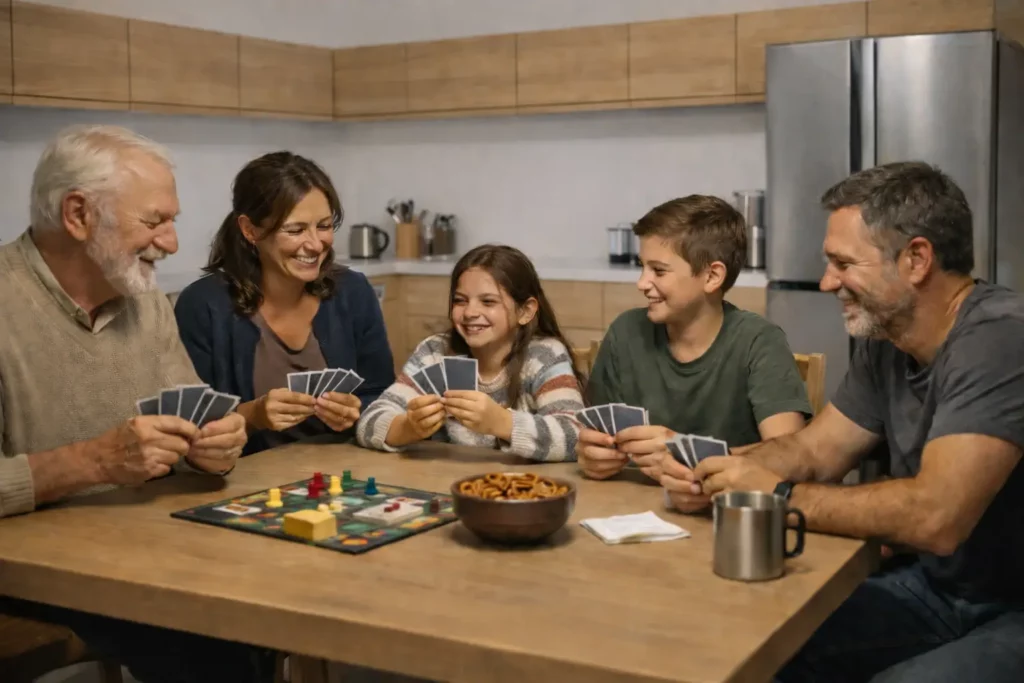 Famille sereine jouant aux cartes dans un bunker privé.