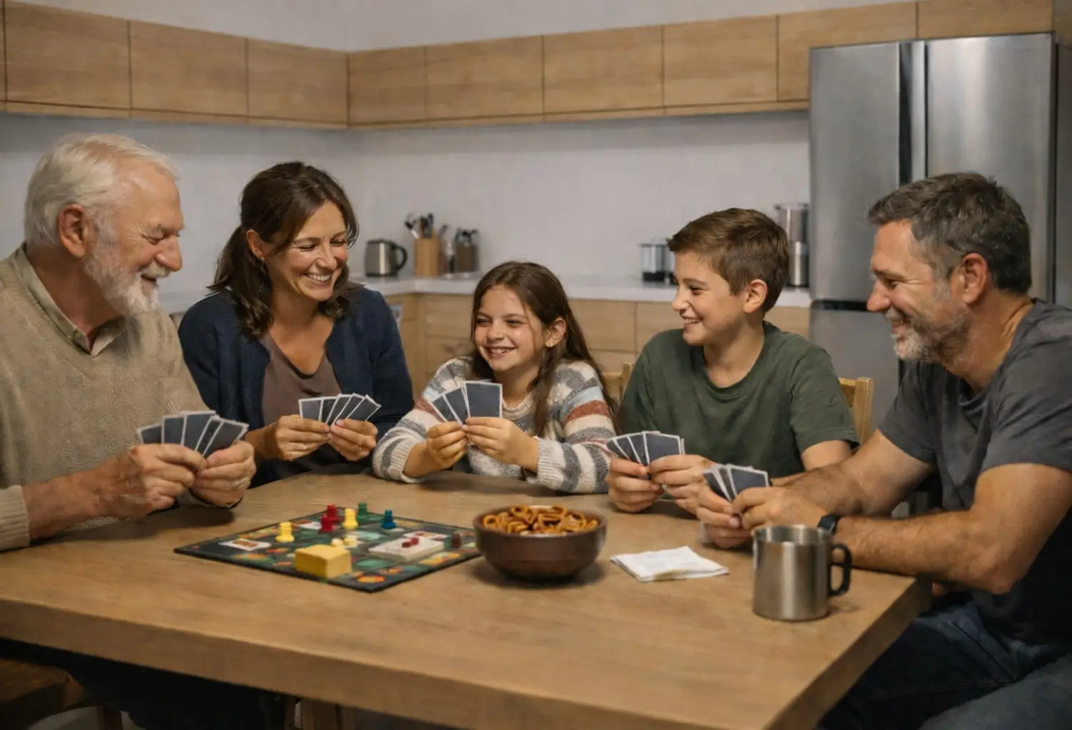 Famille jouant aux cartes en milieu confiné – santé mentale en bunker.