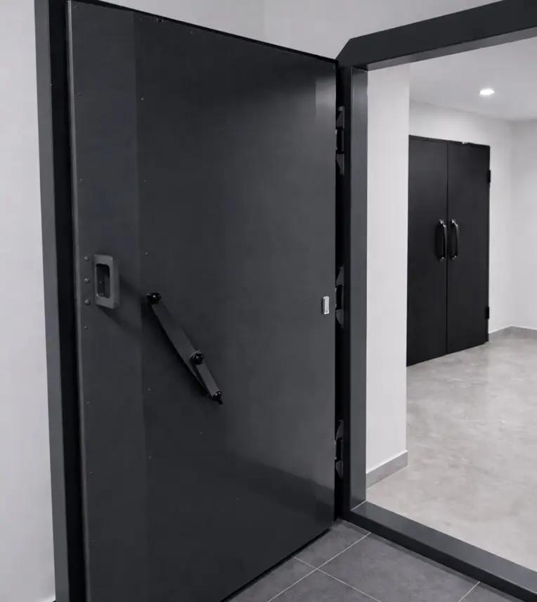 SAS de décontamination dans un bunker privé permettant de ne pas contaminer l'intérieur de l'abri avec un air vicié.