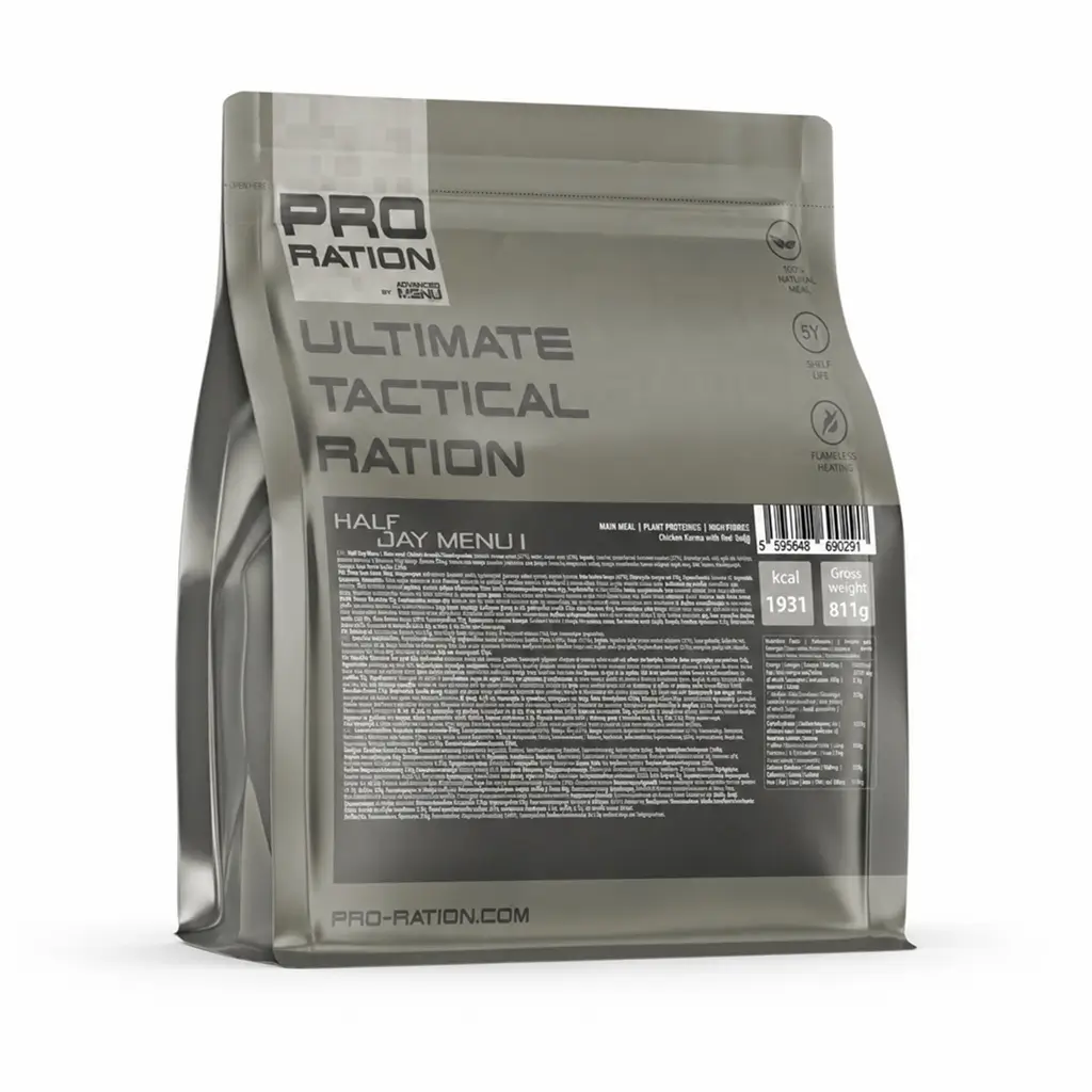 Ultimate Tactical Half Day PRO-RATION : une ration MRE complète pour 12h, avec un repas et des barres énergétiques se conservant 15 ans.