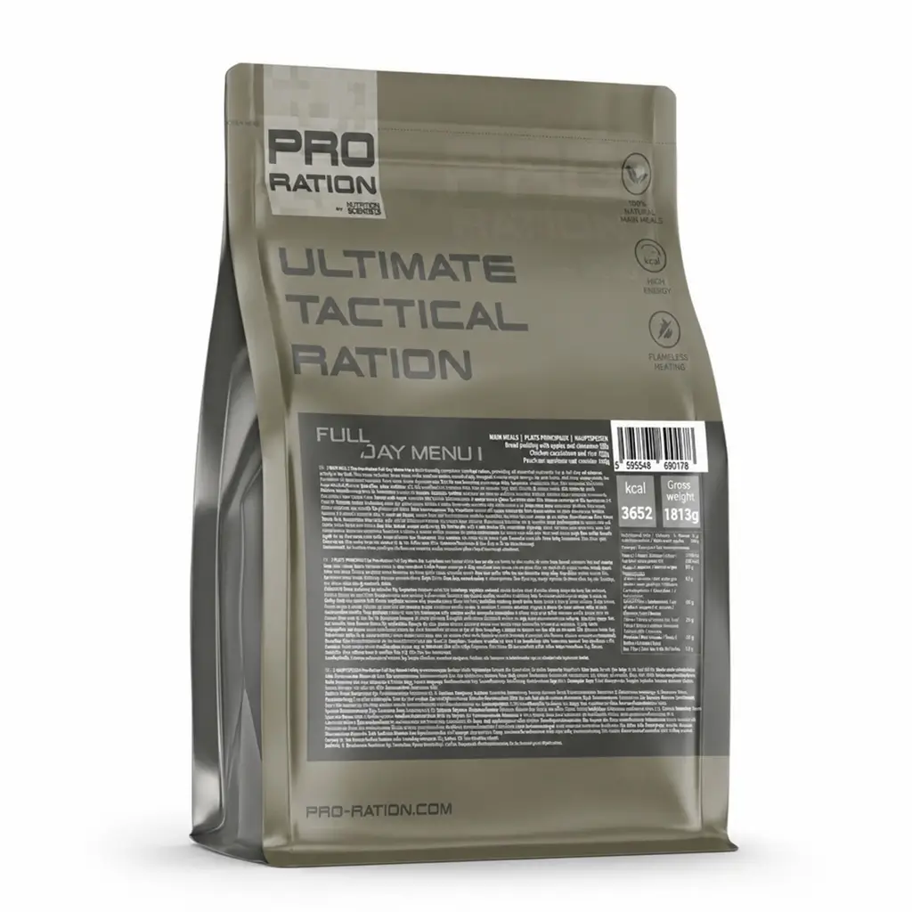 Ultimate Tactical Full Day PRO-RATION : une ration MRE complète pour 24h, avec des repas et barres énergétiques se conservant 15 ans.