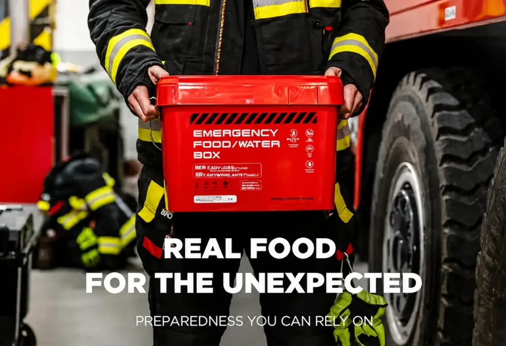 Stock alimentaire d'urgence utilisé chez les pompiers.